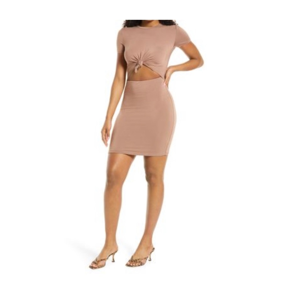 NWOT Naked Wardrobe Knot Front Short Sleeve Minidress in Coco